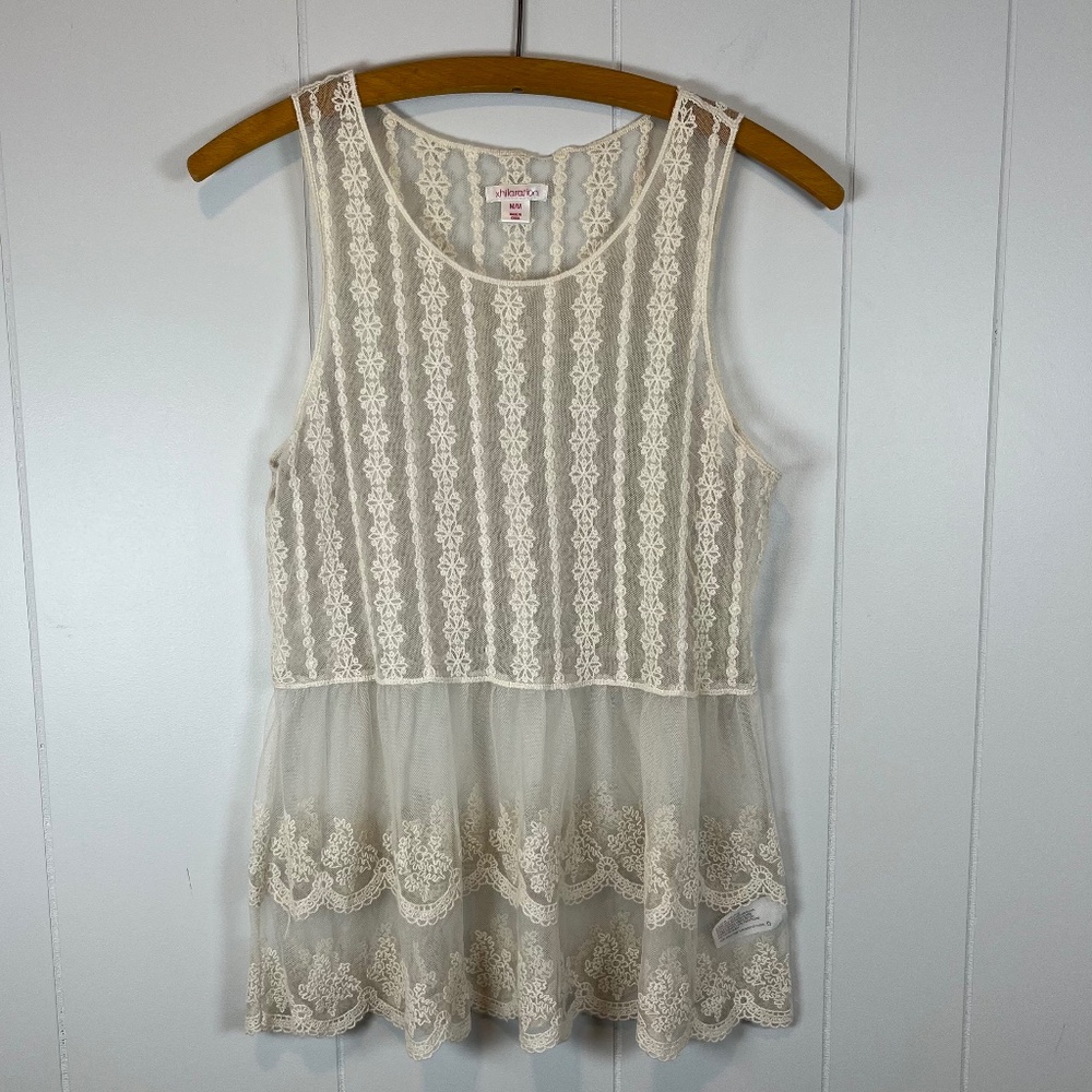 Ivory Sheer Sleeveless Lace Peplum Babydoll Feminine Delicate Top sz M Y2K Boho